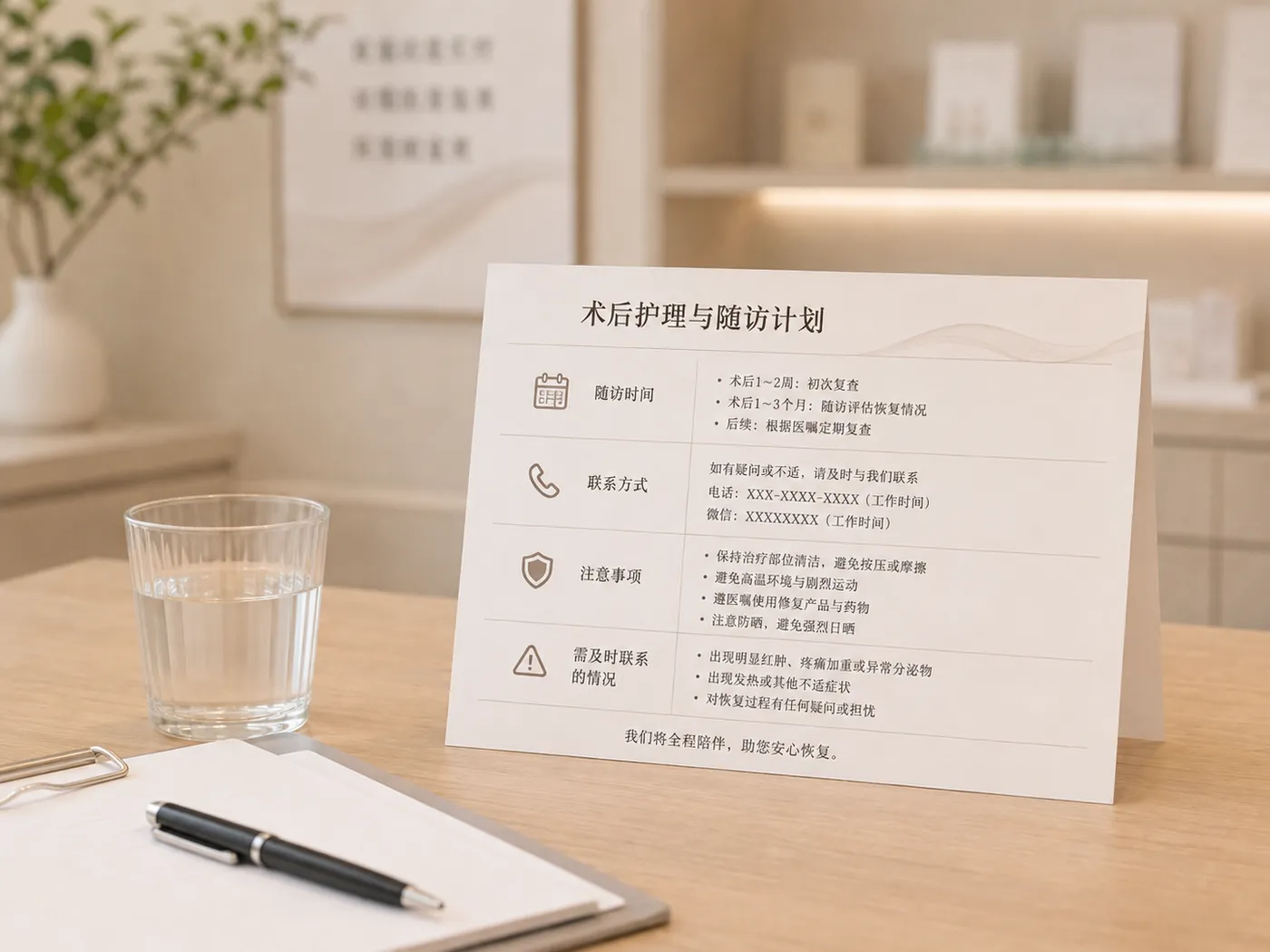 示意图:复诊时间与护理安排因项目和个人情况不同,图中内容仅用于展示“提前确认随访计划”的信息结构,具体安排以医生医嘱为准。